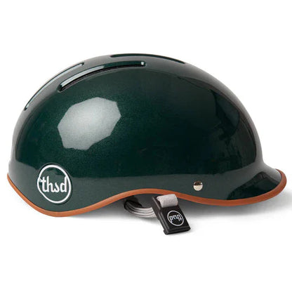 British racing green helmet with white Thousand logo on a white backdrop.