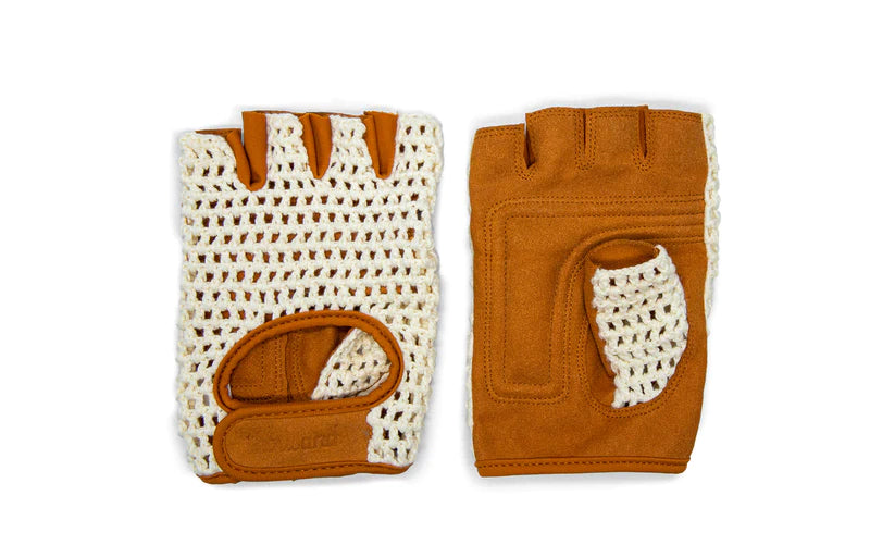 Vintage style cycling gloves in brown leather with cream stitching