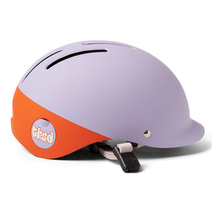Purple and orange Thousand helmet with a visible brand logo on a white background
