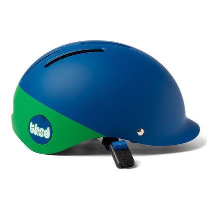 Blue and green Thousand helmet with a visible brand logo on a white background