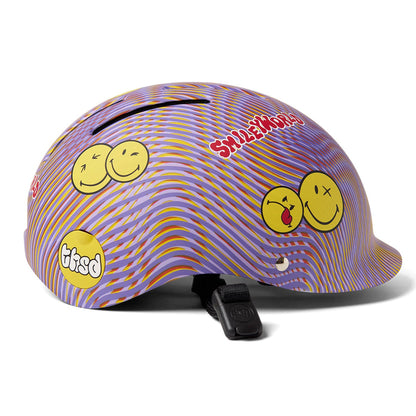 Thousand helmet with smiley face designs on a multi coloured purple psychedelic background.