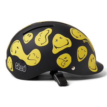Black Thousand helmet with yellow smiley face patterns on a white background